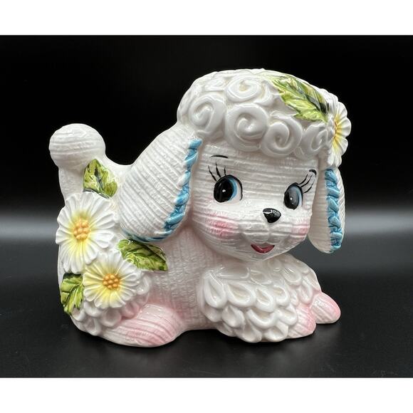 Lefton Other - Vintage Lefton White Poodle Dog with Daisy Flowers Ceramic Planter Japan 6189